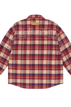 Vintage Plaid Gothic Typography Embroidered Shirt - American Street Style, 90s Inspired Fashion Top