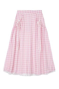 Vintage Plaid Lace Spliced High-Waisted Slim-Fit Mid-Length A-Line Skirt for Women - 90s Inspired Fashion Style