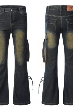 Vintage Pleated Ribbon Flared Denim Pants - Distressed Loose Streetwear for Men and Women, 90s Inspired Fashion