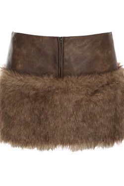 Vintage Plush Midi Skirt - Low Waist Zipper Spliced PU Leather Skirt for 90s Inspired Wasteland Aesthetic