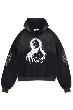 Vintage Print Distressed Wash Heavyweight Loose Fit Pullover Hoodie - 90s Inspired Casual Streetwear Top
