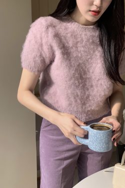 Vintage Purple Short-Sleeve Knitted Top in Wool - Korean Style Fashion, Perfect for 90s Inspired Outfits