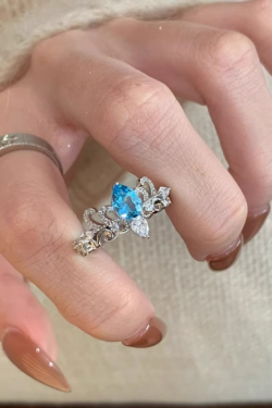 Vintage Retro Chinese Style Blue Tear Crown Water Drop Ring for Women, Antique-Inspired Exquisite Finger Ring, 2025 Fashion Statement