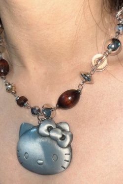 Vintage Retro Distressed Kitty Cat Bead Necklace for Women, Cute Cartoon Pendant Clavicle Chain, Niche Design, Y2K Style