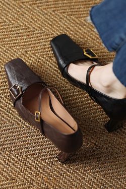 Vintage Retro French Style One-Strap Chunky Heel Mary Jane Shoes for Women - Elegant Slip-On Flats for Commuting and Special Occasions