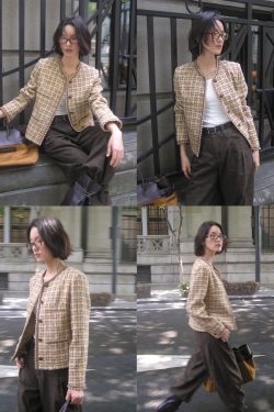 Vintage Round-Neck Short Waist Shell-Edge Jacket - Exquisite 90s Inspired Style for Effortless Elegance