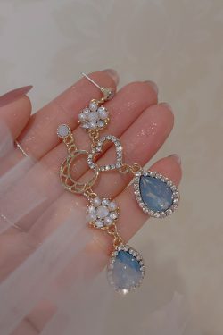 Vintage Shimmering Asymmetrical Blue Rhinestone Moon Non-Pierced Ear Cuff Earrings, Goddess of the Sea Inspired, Y2K Fashion