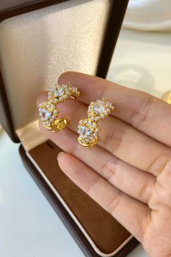 Vintage Sparkling Heart Lace Earrings for Women - Gold-Plated Heart-Shaped Design with Zircon Inlay, Elegant Light Luxury Jewelry