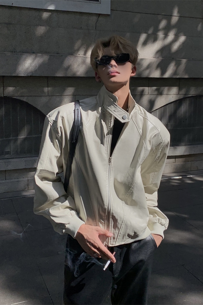 Vintage Stand Collar Leather Jacket for Men and Women, High-End Loose Fit with Shoulder Pads, Short Motorcycle Coat for Spring and Autumn