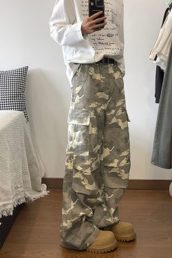 Vintage Street-Washed Distressed Multi-Pocket Camouflage Cargo Pants - Men's Casual Fit Jeans for 90s Y2K Style