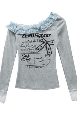 Vintage Sweet Lace Trim Asymmetrical Shoulder T-shirt with Sassy Letter Print for Spring Summer, Y2K Style