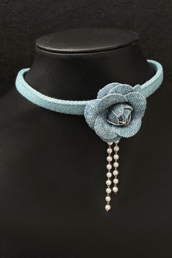 Vintage Three-Dimensional Denim Blue Flower Choker Necklace for Women - Unique Collarbone Chain Neckband - Boho Style