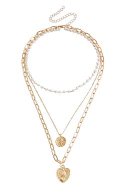 Vintage Three-Layer Heart-Shaped Pendant Necklace with Faux Pearl Chain Tassel - European and American Style Jewelry