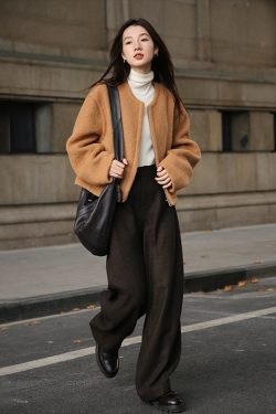 Vintage Two-Tone Curved High-Waisted Slimming Woolen Pants - Retro Chic for Y2K and 90s Style Lovers