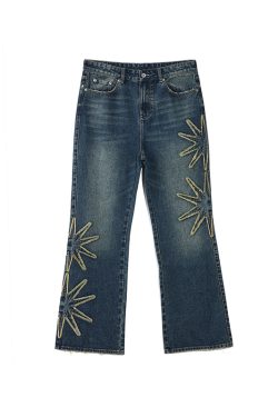 Vintage Wash Blue Star Denim Long Pants - Roaring Beast Design, Retro Style, Perfect for 90s and Y2K Fashion Enthusiasts
