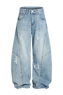 Vintage Wash Distressed Wide-Leg Ripped Jeans for Men - Loose American Style Curved Blade Pants, 90s Inspired Fashion