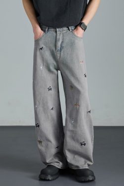 Vintage Washed Black Dog Embroidery Wide-Leg Jeans for Men - Summer Loose High-Waisted Straight Pants, Retro Style