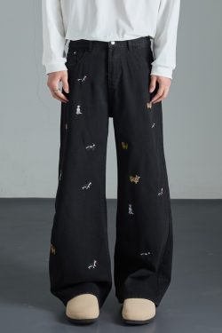 Vintage Washed Black Dog Embroidery Wide-Leg Jeans for Men - Summer Loose High-Waisted Straight Pants, Retro Style