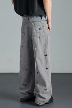 Vintage Washed Black Dog Embroidery Wide-Leg Jeans for Men - Summer Loose High-Waisted Straight Pants, Retro Style