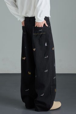Vintage Washed Black Dog Embroidery Wide-Leg Jeans for Men - Summer Loose High-Waisted Straight Pants, Retro Style