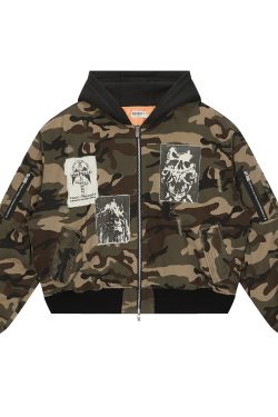 Vintage Washed Camouflage Distressed Patchwork Cotton Jacket - Hell Cross Design, Y2K Style, Perfect for 90s Fashion Lovers