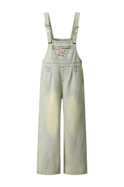 Vintage Washed Denim Overalls for Women - 2025 Summer Embroidered Bear Casual Wide-Leg Jumpsuit in Y2K Style