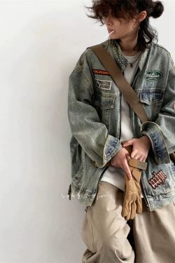 Vintage Washed Distressed Denim Jacket for Unisex - Trendy Loose Motorcycle Style for Spring and Autumn