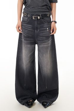 Vintage Washed Distressed Wide-Leg Loose-Fitting Jeans for Women - American Style Floor-Length Slimming Pants