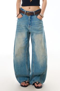 Vintage Washed Straight-Leg Jeans for Women - Loose Casual Pants with Curved Blade Draped Design, Y2K Inspired Fashion Trousers