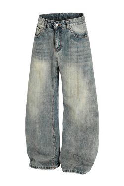 Vintage Washed Wide-Leg Denim Pants for Women - Trendy Loose Baggy Machete Style Curved Blade Trousers