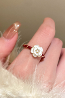 Vintage Wine Red Drip Glaze Camellia Ring for Women - Minimalist Adjustable Finger Ring, 2025 Trendy Jewelry