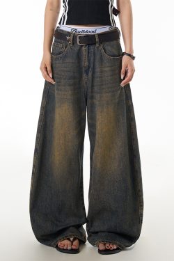 Vintage Yellow Mud Dyed Curved Blade Jeans for Women, Washed Distressed Loose Wide-Leg Casual Pants, Y2K Fashion