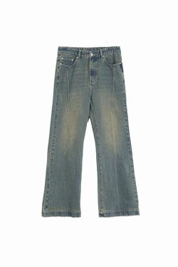 Vintage Yellow Wash Distressed Jeans with Roaring Beast Design - Retro 90s Style, Casual Fashion for a Trendy Look