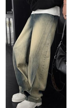 Vintage Yellow Water-Washed Wide-Leg Men's Jeans with Deconstructed Design - Retro American High Street Style for Spring
