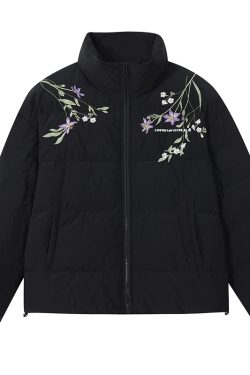 Violet Floral Embroidered Zipper Down Jacket - Plant-Themed Fashion for 90s and Y2K Inspired Styles