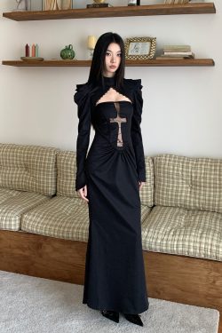 Waist-Cinching Hollow Spider Web Dress - Bizarre Witch Bodycon Gown for Hot Girls, Y2K Style Long Skirt