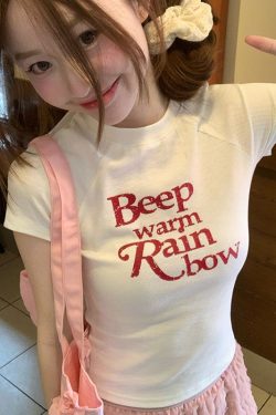 Waist-Cinching Women's T-Shirt with Unique Letter Print - Sweet and Spicy Style White Short Sleeve Top