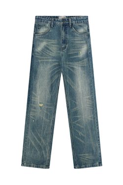 Washed Blue Retro A-Line Straight-Leg Jeans for a Clean Fit, Inspired by American Street Style and Vintage Fashion