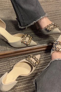 Water Drill High Heels for Women, Pointed Toe Thin Heel with Square Buckle, French Style, 2022 Autumn Trend