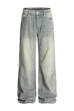 Water-Washed Vertical Striped Textured Loose Vintage High Street Straight Leg Jeans for a Trendy 90s Inspired Look