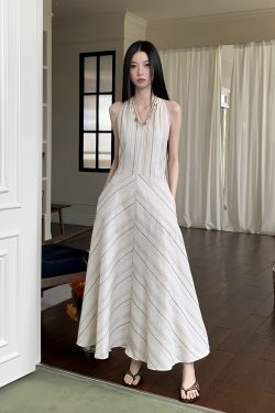 Wave Striped Spaghetti Strap Dress for Women - Loose Long Summer Dress with Unique Design - 90s Inspired Fashion