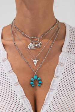 Western Style Horse Hoof Micro-Inlaid Necklace Set, Punk Bull Head Pendant, Denim Jewelry for Women, European American Fashion