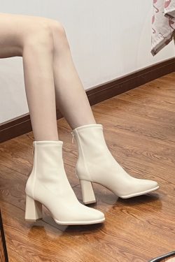 White Chunky Heeled Short Boots for Women 2023 – High Heels with Back Zipper, Square Toe, Plush Korean Style Slim Boots