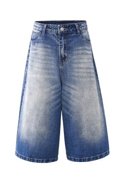 White Denim Cropped Jorts for Summer - Loose Fit Vintage Style with Cat Whiskers Design - Trendy American Casual Fashion