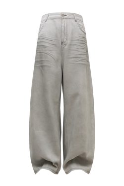 White Denim Distressed Wide-Leg Jeans with Pleats, Cat Whiskers, and Scratches - Trendy Baggy Style for Y2K Fashion Lovers