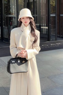 White Double-Sided Wool Cashmere Long Coat with Scarf for Women - Elegant Winter Outerwear, Chic Style, Warm and Cozy