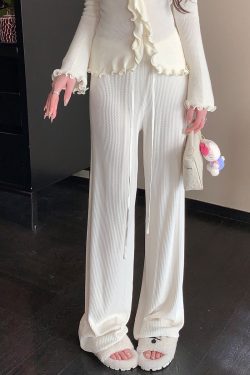 White Drawstring Knitted Wide-Leg Pants for Women - Loose High-Waisted Floor-Length Casual Trousers, Y2K Fashion, Comfy Chic Style