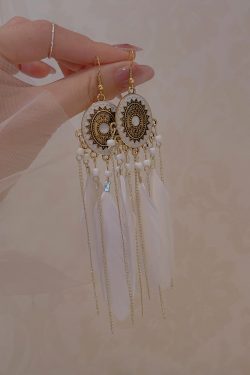White Feather Tassel Long Earrings for Women, Bohemian Geometric Circular Design, Ethnic Style Retro Ear Accessories