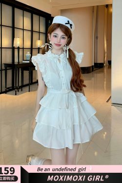 White Flying Sleeve Ruffled Edge Cake Skirt Shirt Dress for Women - Playful French Summer Style
