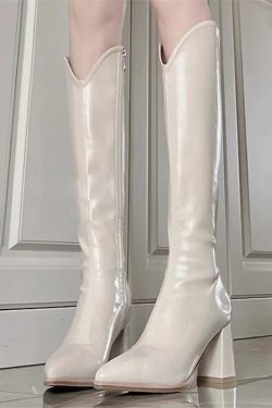 White Genuine Leather Long Boots for Women, 2023 Autumn Style, High Heel Pointed Toe Knight Boots, Slim Fit, Chunky Heel, Petite Friendly